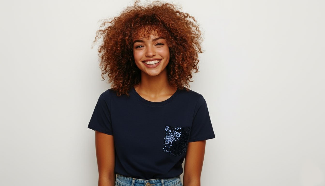 azul-azul Tshirt de Algod贸n Azul con Bolsillo de Lentejuelas - Imagen 1