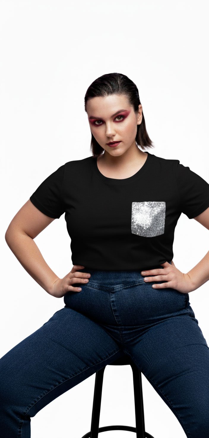 negro con plata plus Tshirt de Algod贸n Negro con Bolsillo de Lentejuelas - Imagen 1