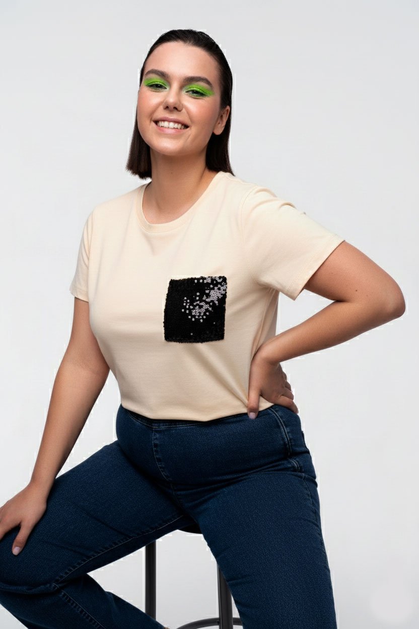 vainilla-negro Tshirt de Algod贸n Vainilla con Bolsillo de Lentejuelas - Imagen 1