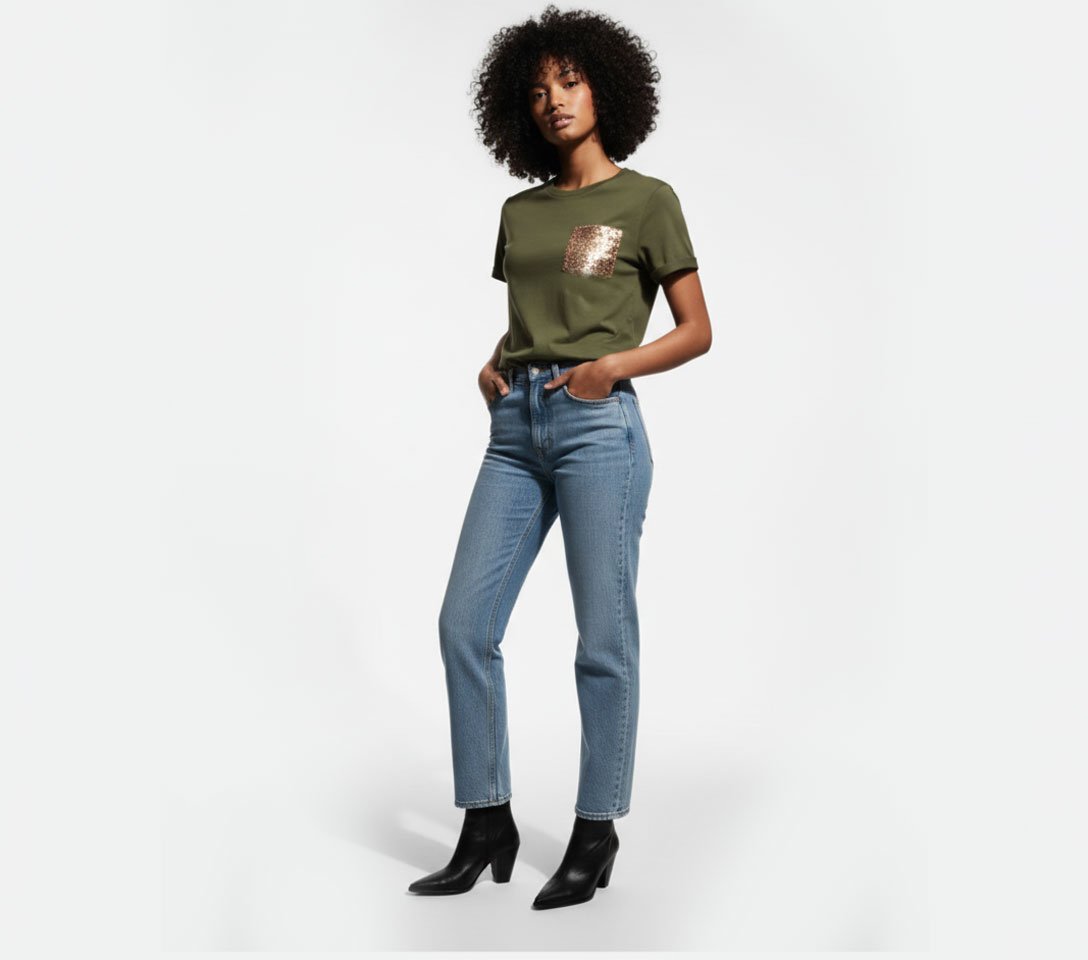 verde-con-dorado Tshirt de Algod贸n Verde con Bolsillo de Lentejuelas - Imagen 1